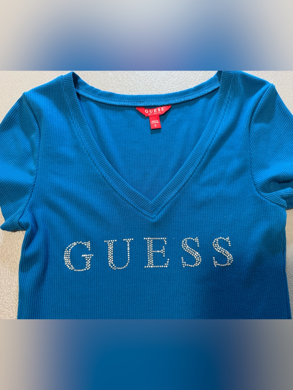 Guess Blue V-Neck Short Sleeve Rhinestone Logo Mini Dress Small